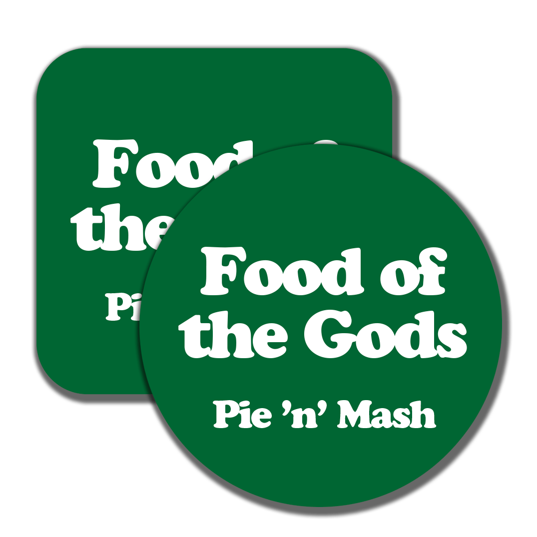 Double Double / Food of the Gods - Pie and Mash - badge, keyring, coaster, pocket mirror, bottle opener, fridge magnet