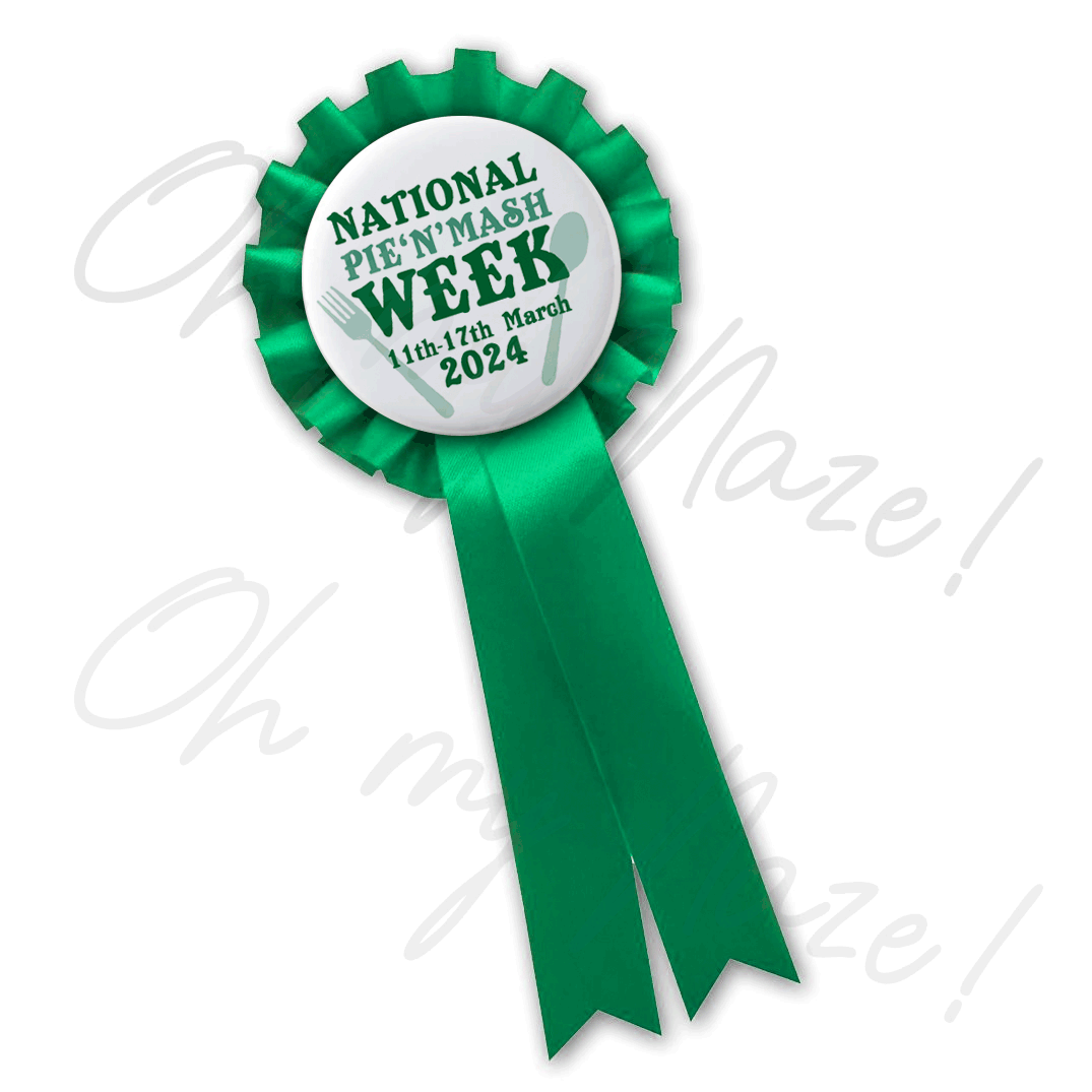 Pie and Mash Week 2025 - badge, rosette, keyring, coaster, pocket mirror, bottle opener, fridge magnet
