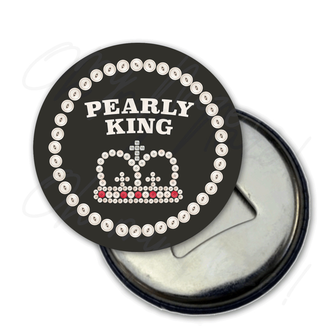 Pearly King/Queen - badge, rosette, keyring, coaster, pocket mirror, bottle opener, mug, fridge magnet