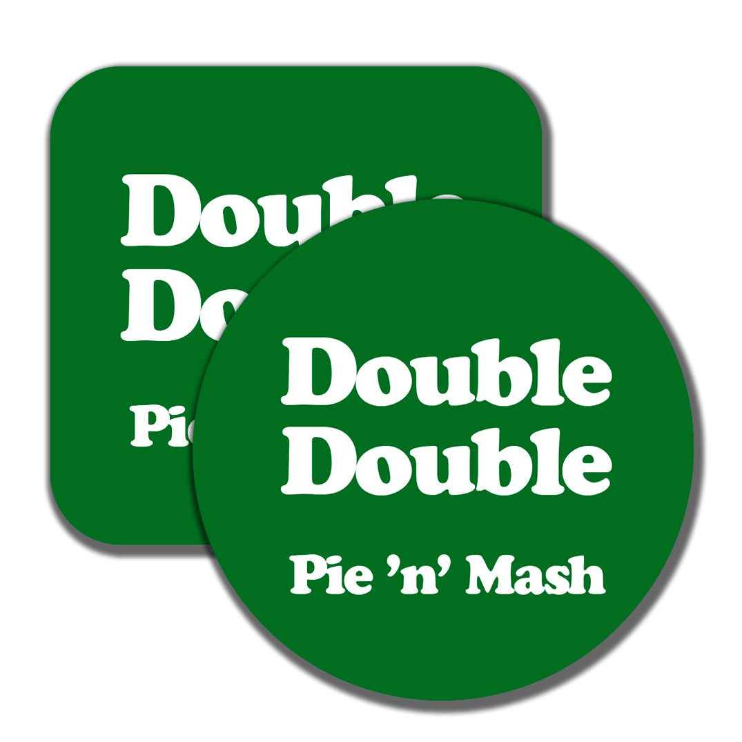 Double Double / Food of the Gods  - Pie and Mash - badge, keyring, coaster, pocket mirror, bottle opener, fridge magnet