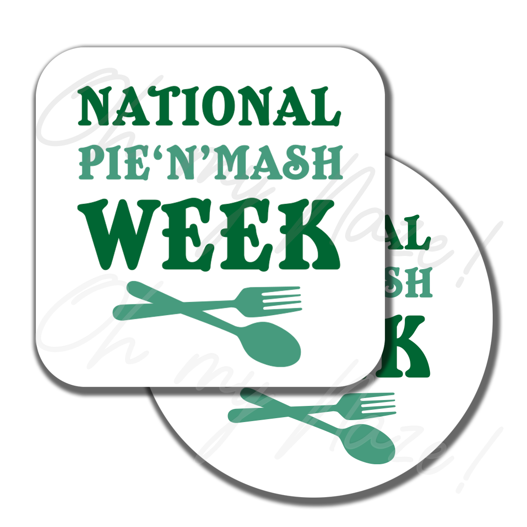 Pie and Mash Week 2026 - badge, rosette, keyring, coaster, pocket mirror, bottle opener, fridge magnet