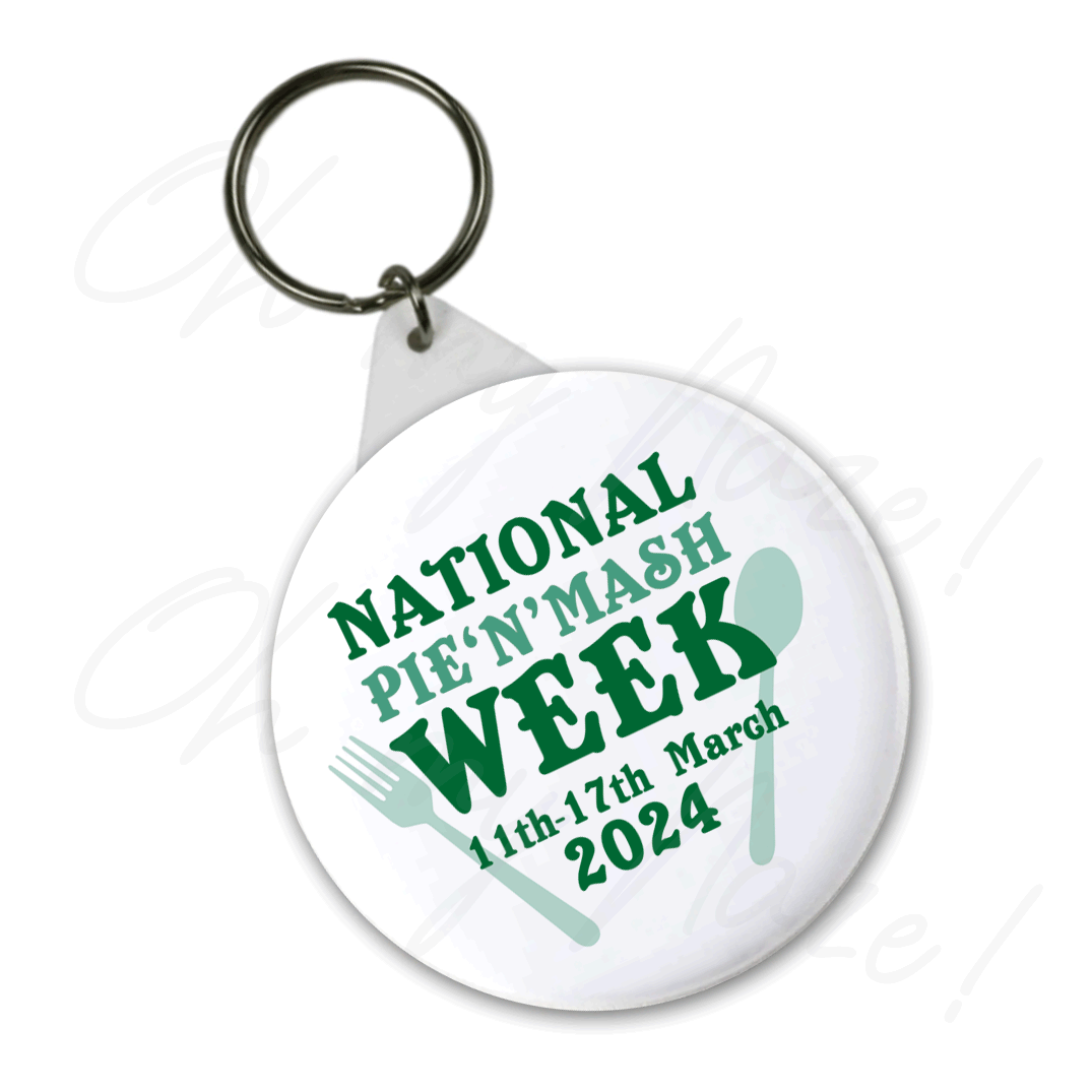 Pie and Mash Week 2024 - badge, rosette, keyring, coaster, pocket mirror, bottle opener, fridge magnet