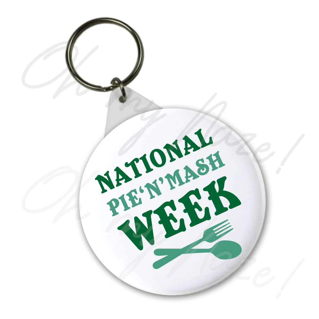 Pie and Mash Week 2026 - badge, rosette, keyring, coaster, pocket mirror, bottle opener, fridge magnet